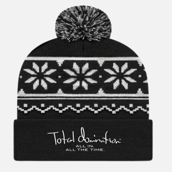 Total Domination knit beanie with a pom-pom hat embroidered with "All in. All the time."