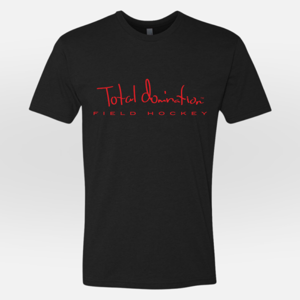 Total Domination Sports black t-shirt with red field hockey logo