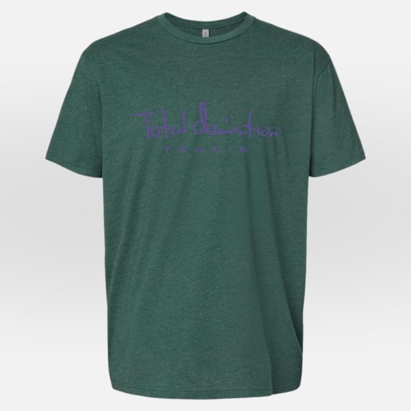 Total Domination Sports Green t-shirt with purple tennis logo