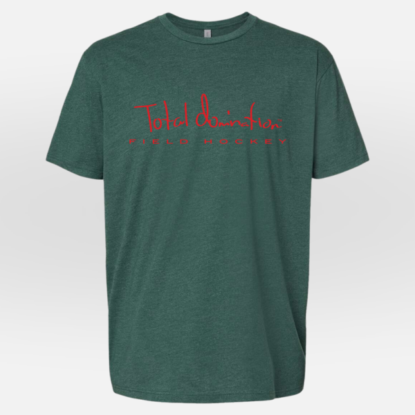 Total Domination Sports green t-shirt with red field hockey logo