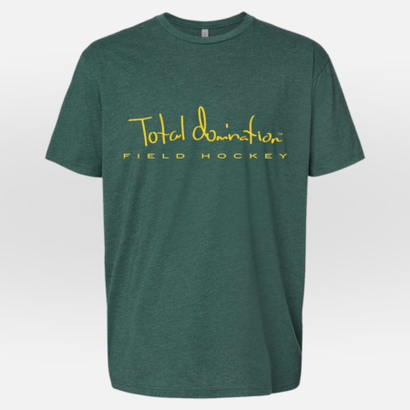 Total Domination Sports green t-shirt with yellow field hockey logo