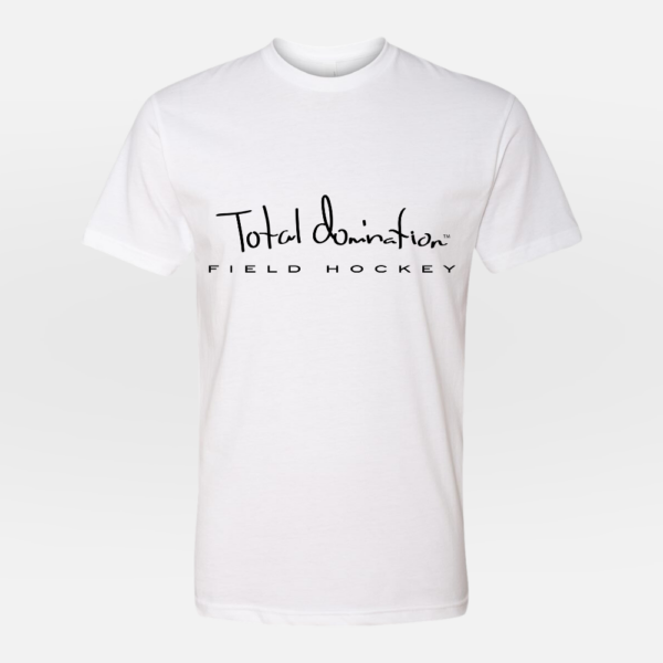 Total Domination Sports white t-shirt with black field hockey logo