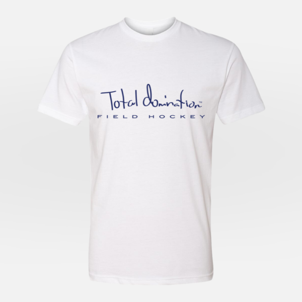 Total Domination Sports white t-shirt with navy field hockey logo