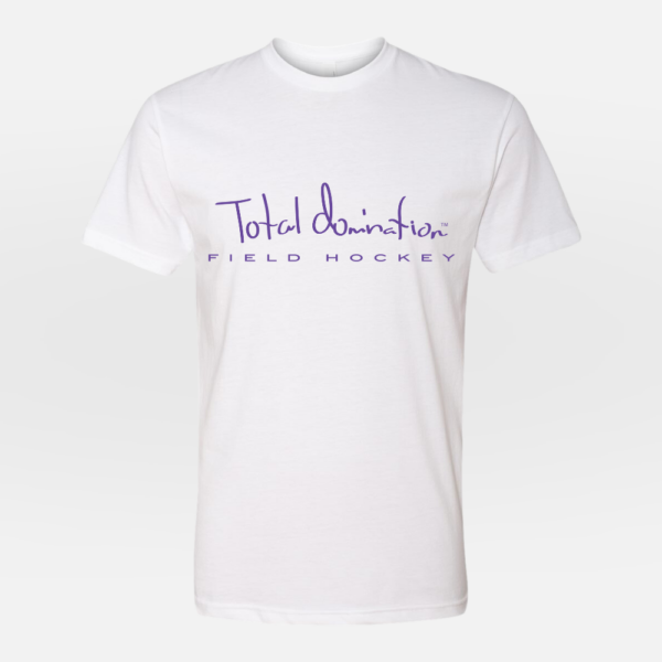 Total Domination Sports white t-shirt with purple field hockey logo