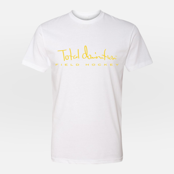 Total Domination Sports white t-shirt with yellow field hockey logo
