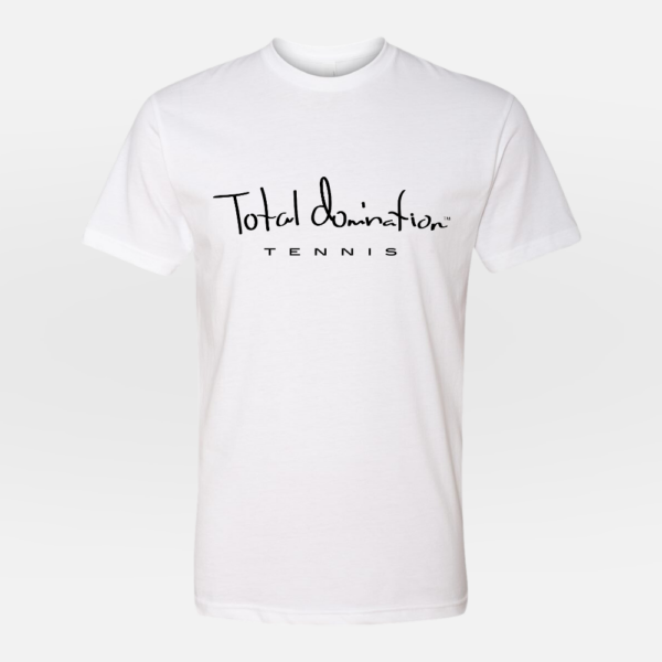 Total Domination Sports white t-shirt with black tennis logo