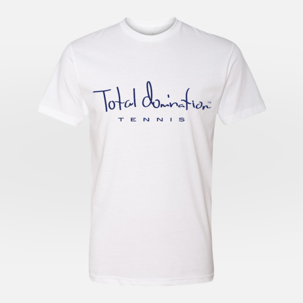 Total Domination Sports white t-shirt with navy tennis logo