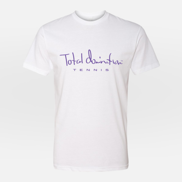 Total Domination Sports white t-shirt with purple tennis logo