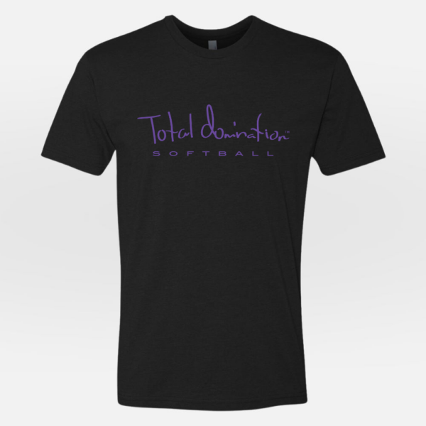 Total Domination Sports black t-shirt with purple softball logo