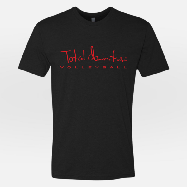 Total Domination Sports black t-shirt with red volleyball logo