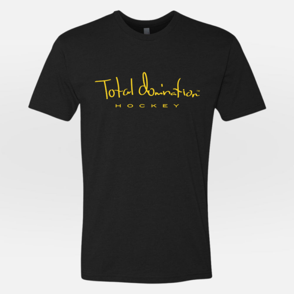 Total Domination Sports black t-shirt with yellow hockey logo
