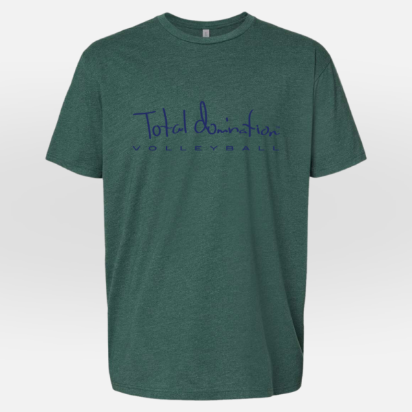 Total Domination Sports green t-shirt with navy volleyball logo