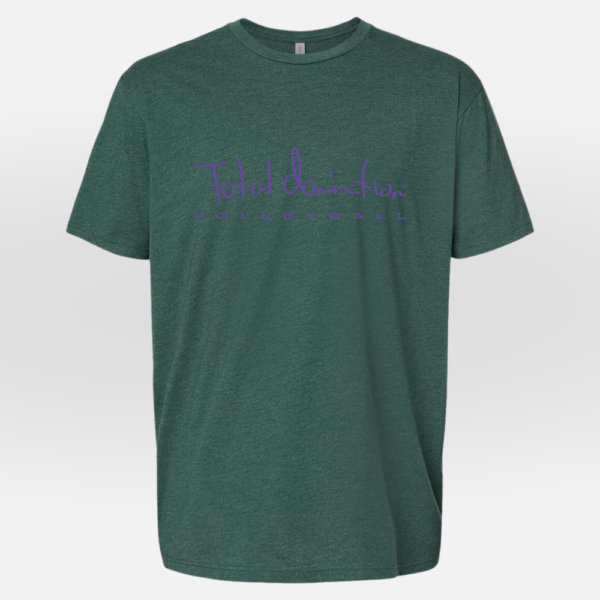 Total Domination Sports green t-shirt with purple volleyball logo