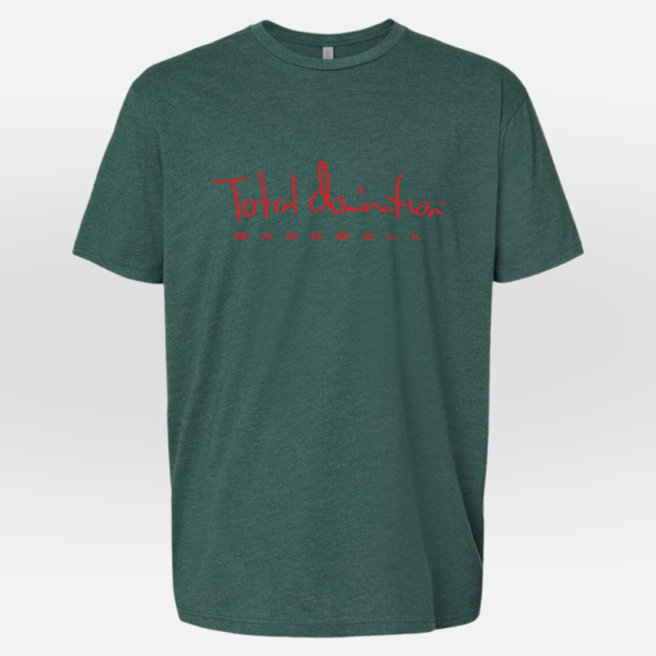 Total Domination Sports green t-shirt with red baseball logo