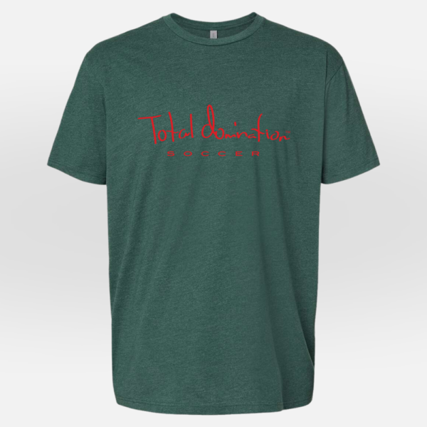 Total Domination Sports green t-shirt with red soccer logo