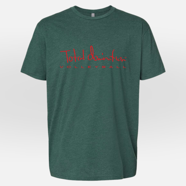 Total Domination Sports green t-shirt with red volleyball logo