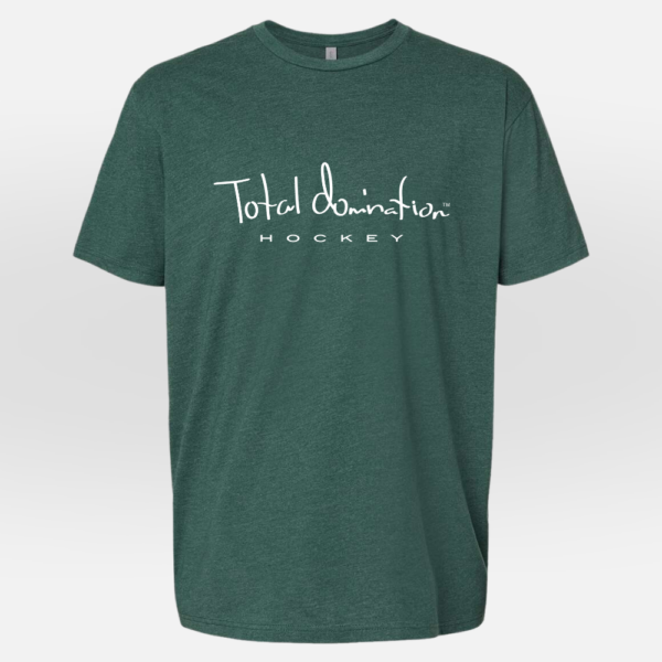 Total Domination Sports green t-shirt with white hockey logo