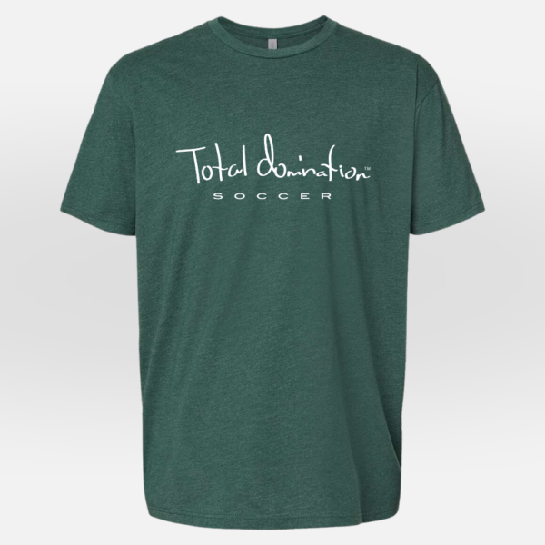 Total Domination Sports green t-shirt with white soccer logo