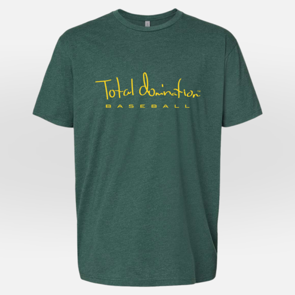 Total Domination Sports green t-shirt with yellow baseball logo