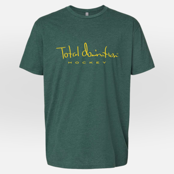 Total Domination Sports green t-shirt with yellow hockey logo