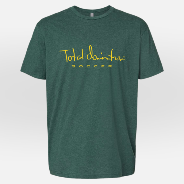 Total Domination Sports green t-shirt with yellow soccer logo
