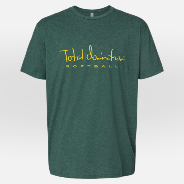 Total Domination Sports green t-shirt with yellow softball logo