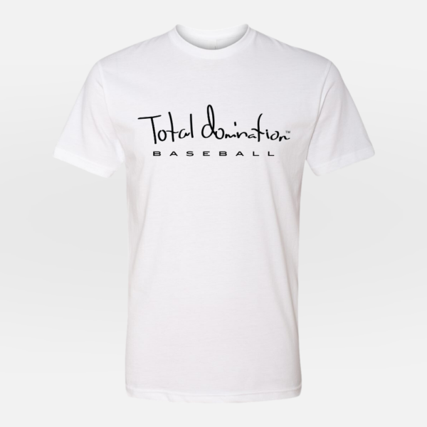 Total Domination Sports white t-shirt with black baseball logo