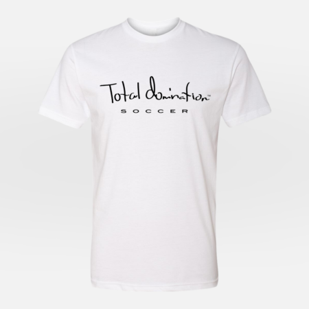 Total Domination Sports white t-shirt with black soccer logo