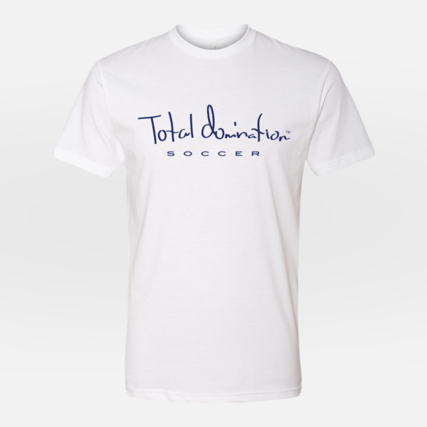 Total Domination Sports white t-shirt with navy soccer logo