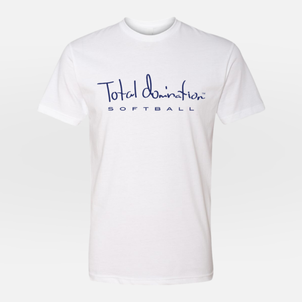 Total Domination Sports white t-shirt with navy softball logo