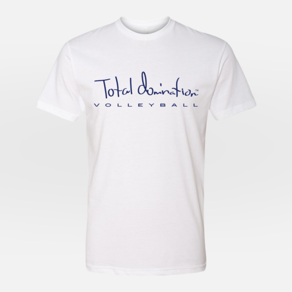 Total Domination Sports white t-shirt with navy volleyball logo