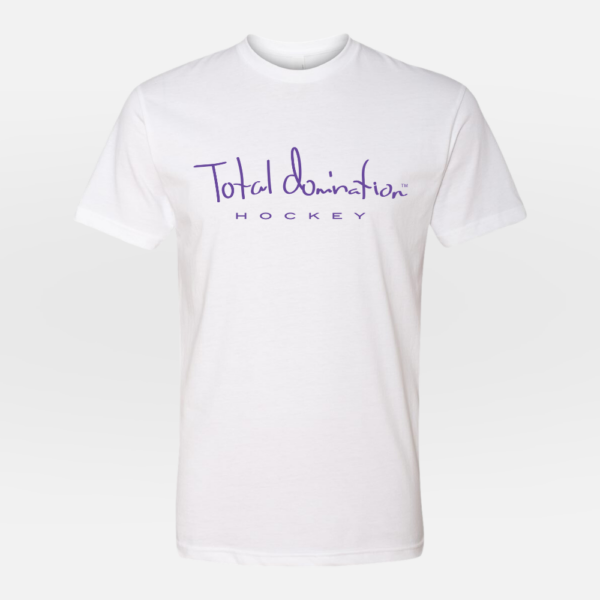 Total Domination Sports white t-shirt with purple hockey logo