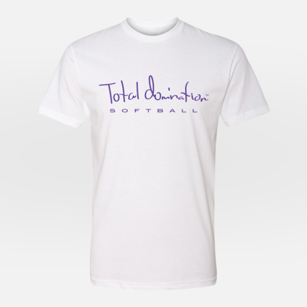 Total Domination Sports white t-shirt with purple softball logo