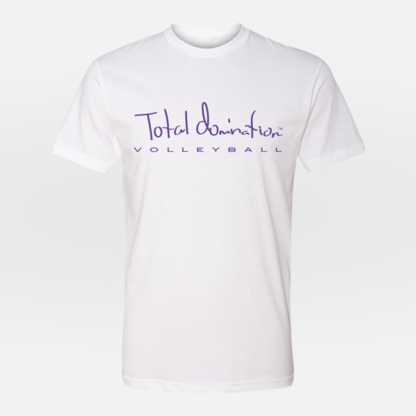 Total Domination Sports white t-shirt with purple volleyball logo