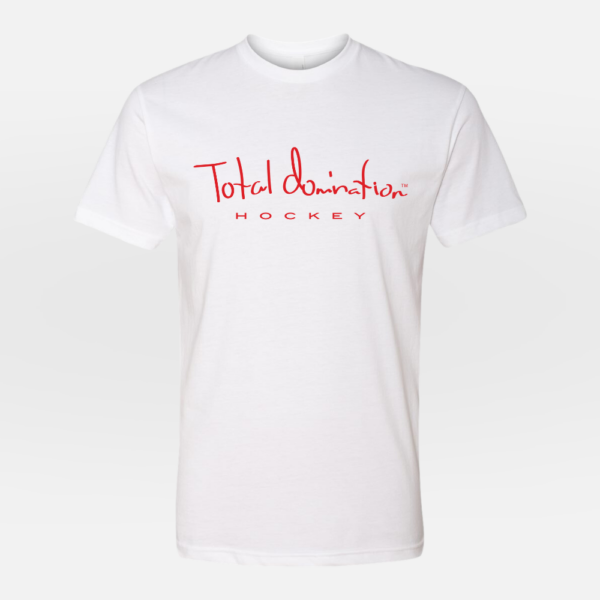 Total Domination Sports white t-shirt with red hockey logo