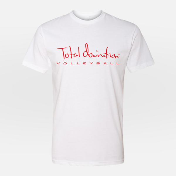 Total Domination Sports white t-shirt with red volleyball logo