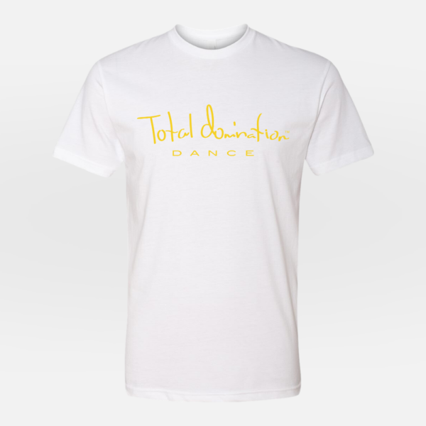 Total Domination Sports white t-shirt with yellow dance logo