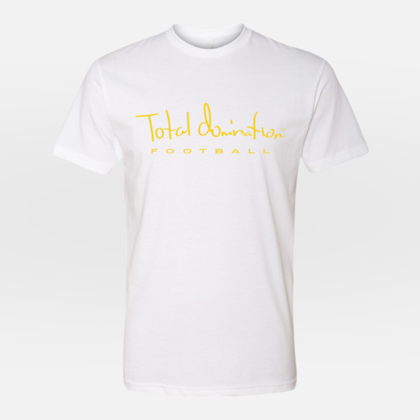 Total Domination Sports white t-shirt with yellow football logo