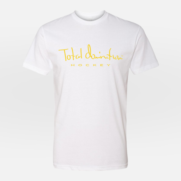 Total Domination Sports white t-shirt with yellow hockey logo