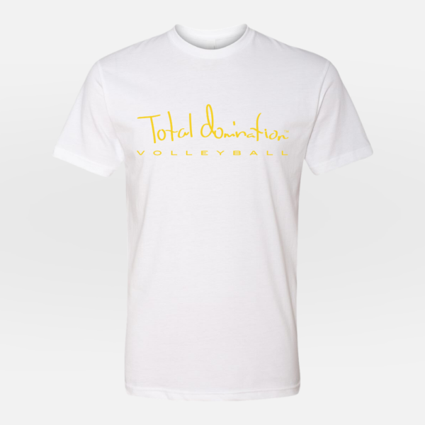 Total Domination Sports white t-shirt with yellow volleyball logo